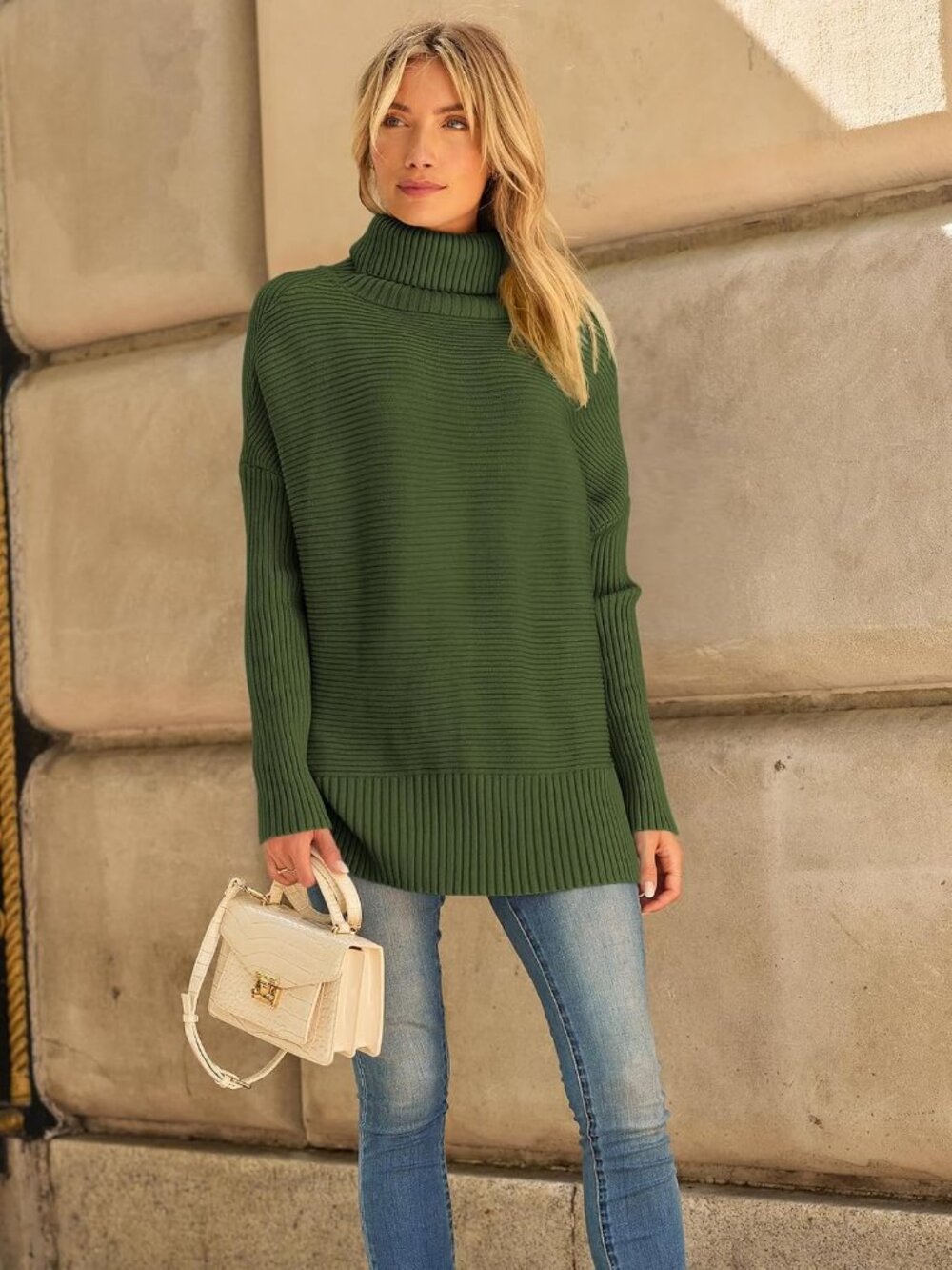 Women's Green Oversized Roll Neck Turtleneck Tops Fashion Pullover Tunic Sweater